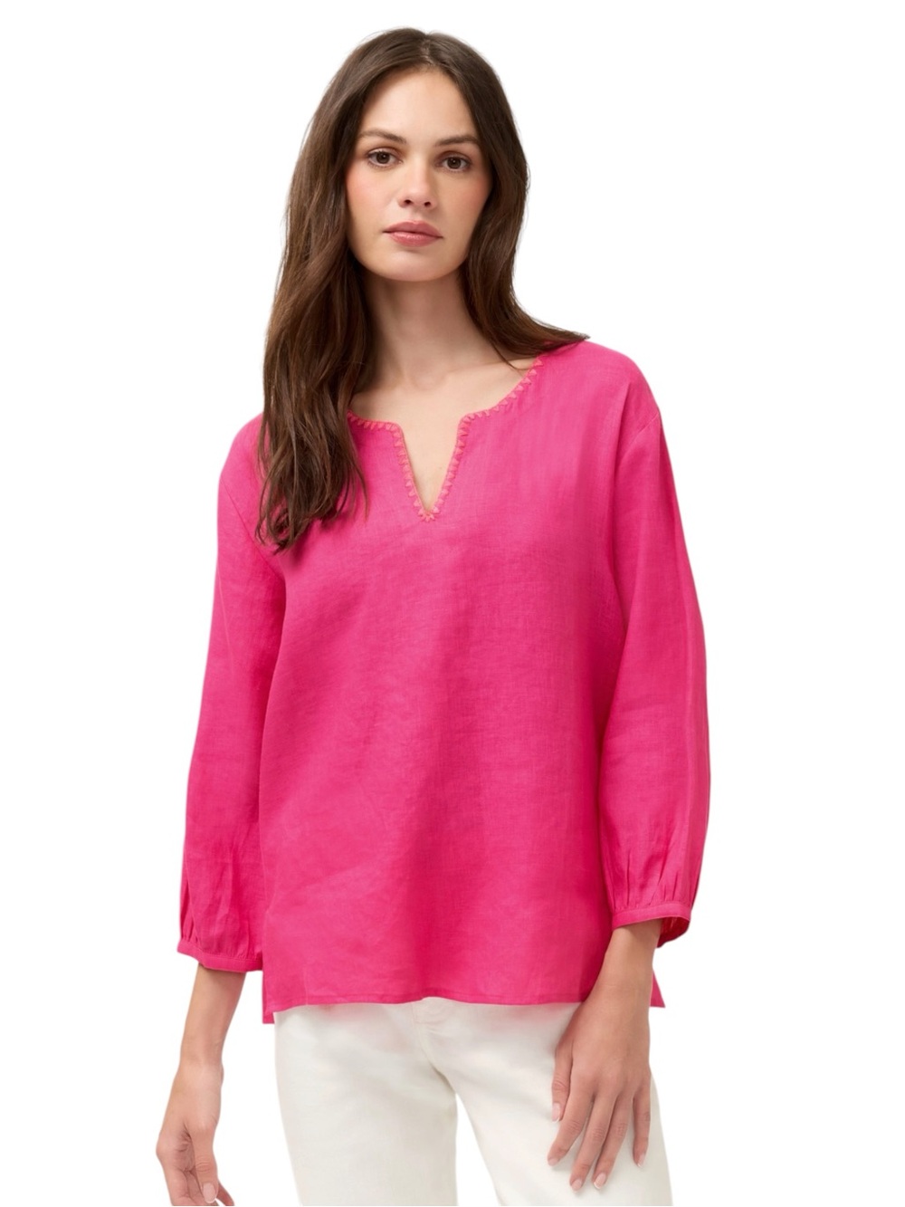 Johnny Was Split Neck Linen Blouse L Fuchsia Purple NWT